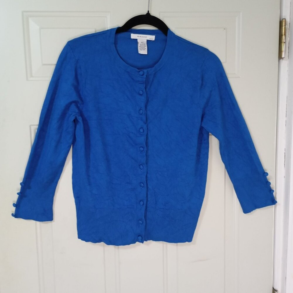 Grace Petite Womens Blue Cardigan Sweater Size PS With Button Detail